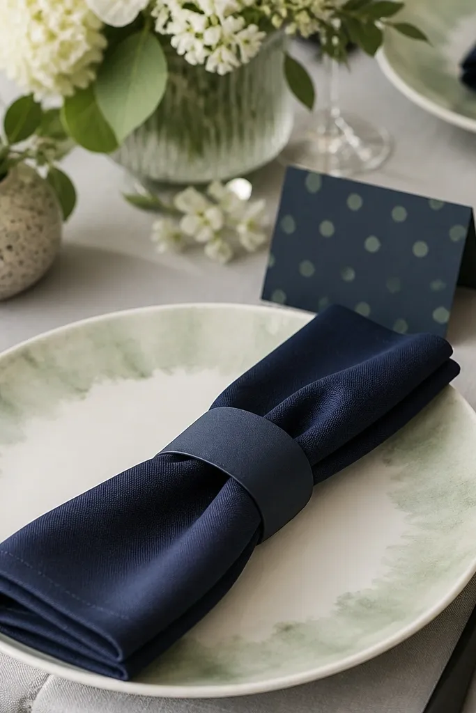 Plates show a soft sage watercolor wash around the rim. Navy napkins are folded and wrapped with a navy band ribbon. Place cards are navy with small sage watercolor dots.