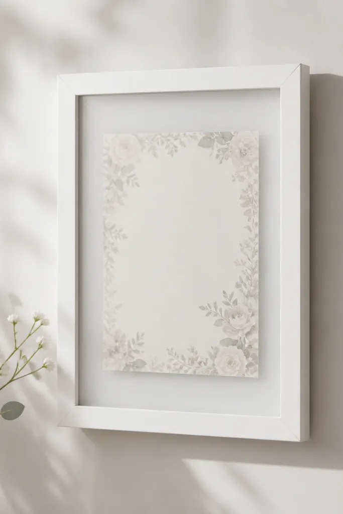 A matte white wedding card frame with a frosted front and a card that has a subtle, light floral border. The frame is mounted with no-drill removable strips on a pale wall.