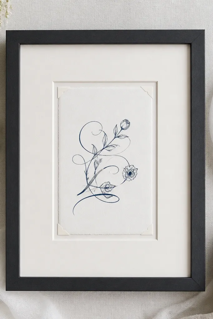 A charcoal black wedding card frame with a thick off-white gallery mat border, holding a card with navy script. It is mounted with no drill removable adhesive corners.