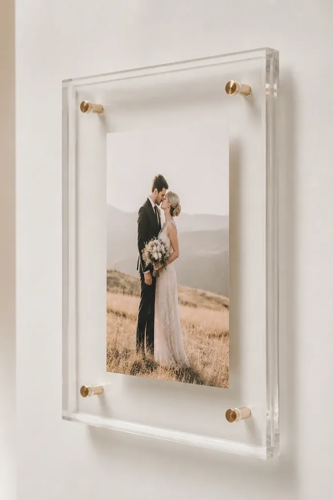 A transparent clear acrylic wedding card frame with a floating insert effect, showing a card that appears suspended. It is mounted on a wall using removable brackets.
