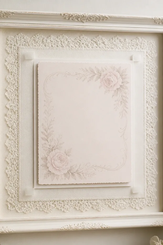 An antique white wedding card frame with a lace-edged mat border around the card. The card is a soft blush or ivory with script writing, mounted using no drill removable strips.