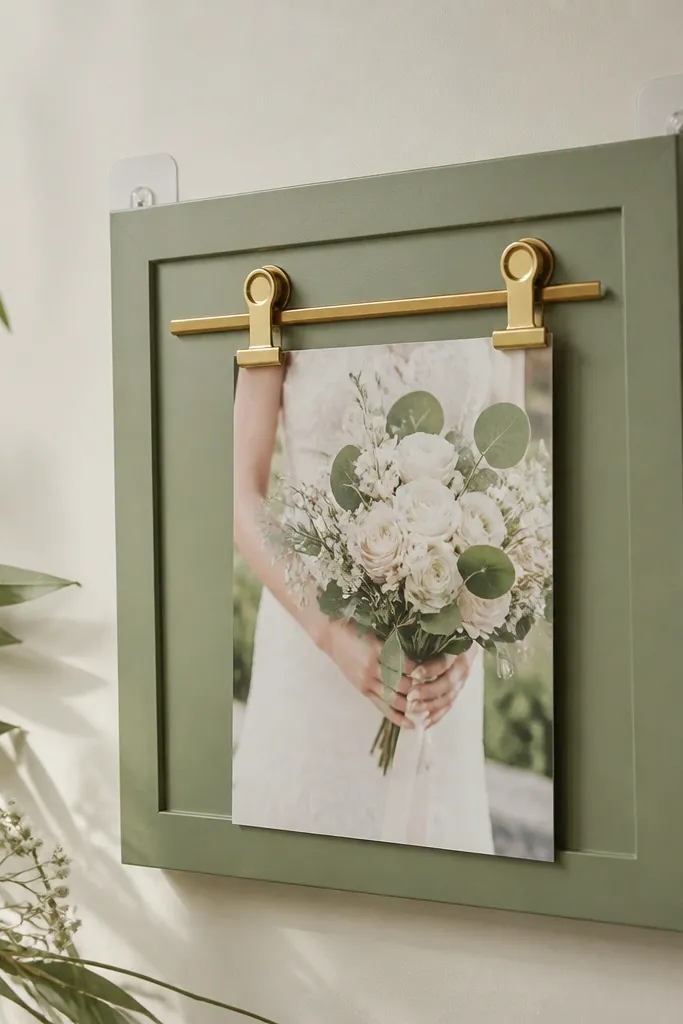 A sage green wedding card frame with a gold-toned clip system holding a card. The frame is mounted on a wall with removable no drill pads.