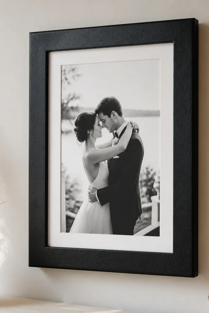 A black leatherette wedding card frame with a smooth textured surface. The card inside is white with minimal black text, mounted using removable no drill wall mounts.
