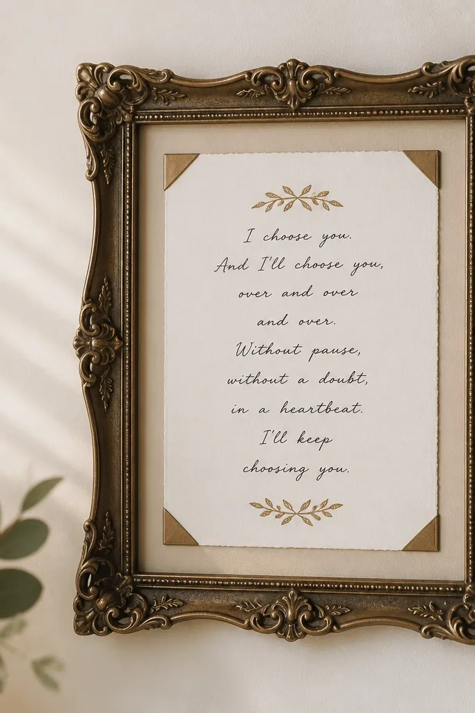 An antique bronze wedding card frame with a warm brown-gold finish. The card inside has handwritten black text with small gold accents. The frame is mounted using no drill removable adhesive corners.