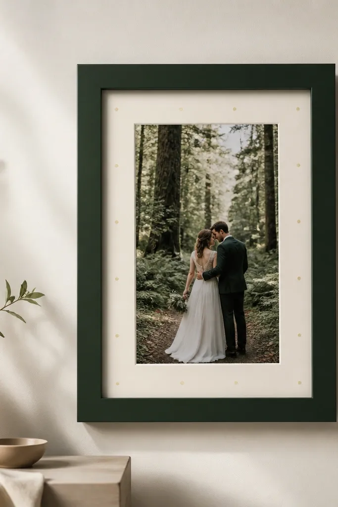 A forest green wedding card frame with a deep matte finish. The card is ivory with small gold foil dot accents. The frame is mounted using no drill removable wall mounts.
