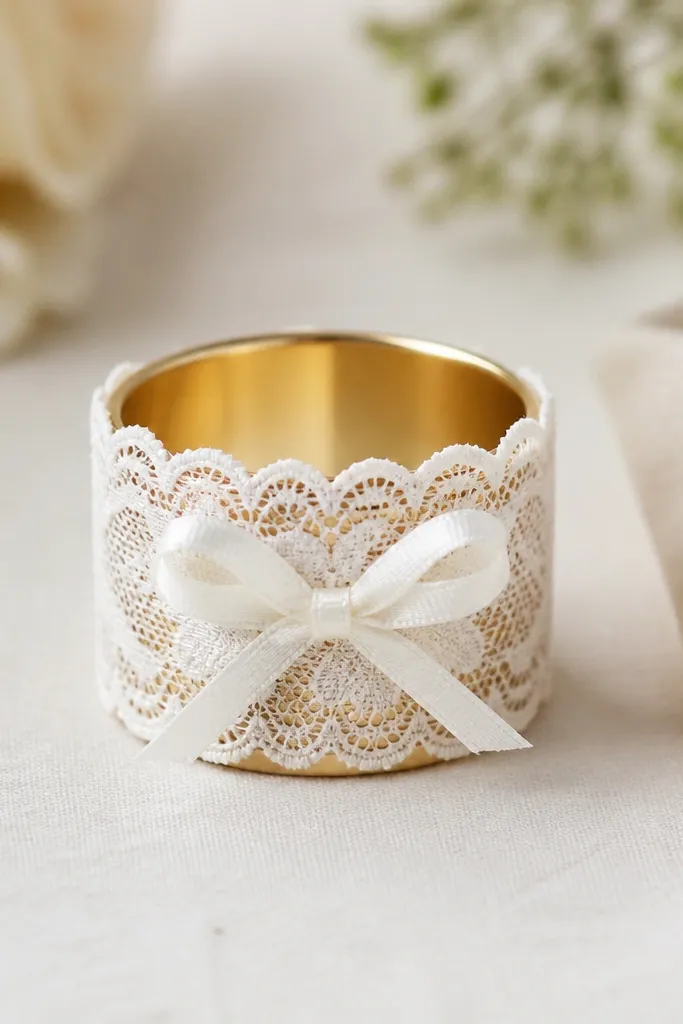A gold napkin ring partially covered by a strip of white lace fabric. The lace forms a neat sleeve around the ring, with scalloped edges visible and a small bow tied on the front.