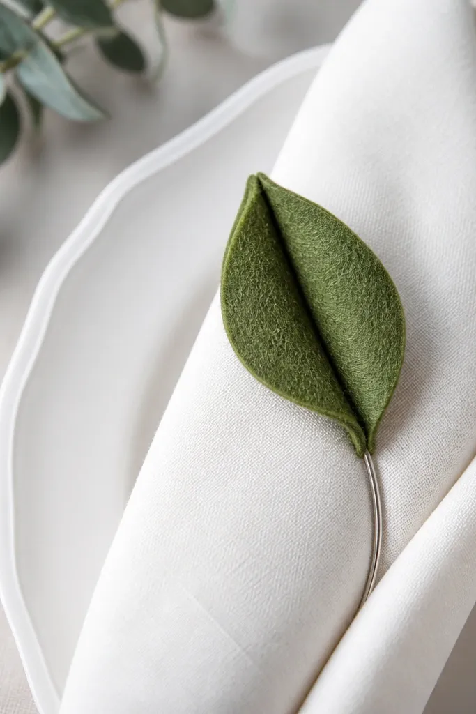 A folded green felt leaf attached to the side of a white napkin. A thin silver wire stem curves down and is tucked behind the napkin fold.