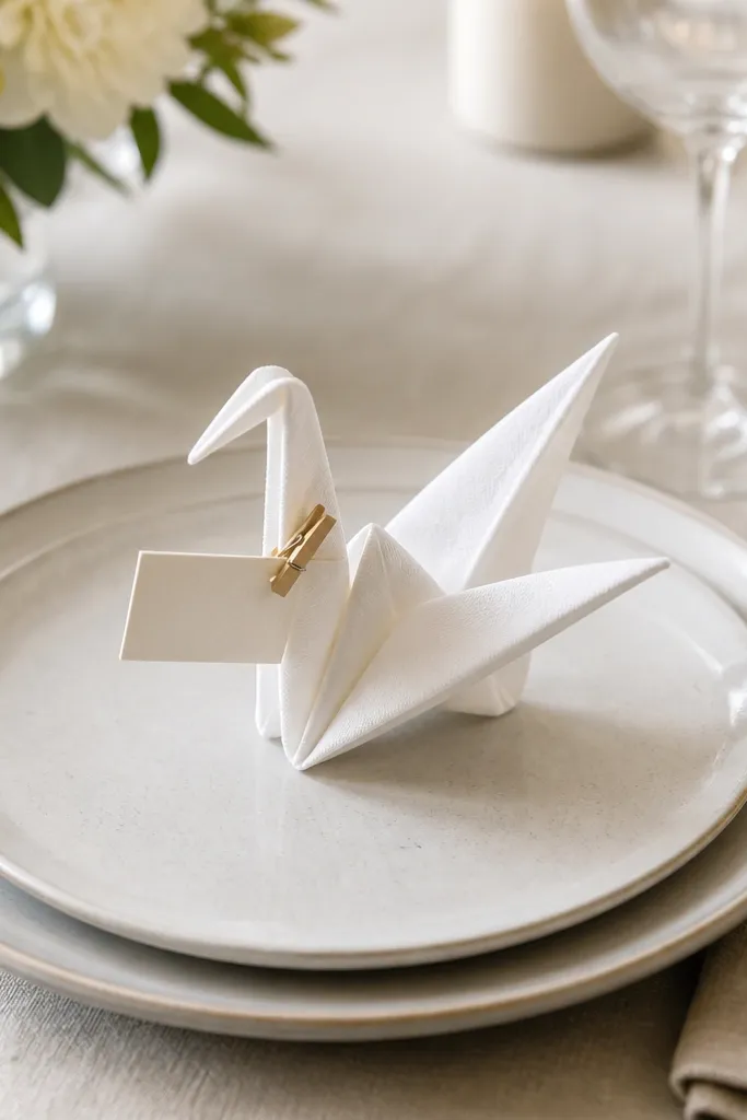 A white napkin folded into a small origami crane shape sitting at the center of a place setting, with a tiny name tag clipped to the crane neck area.