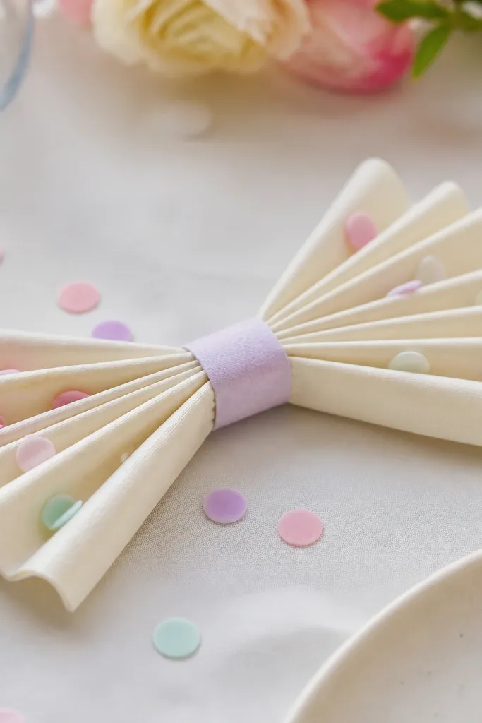 A napkin folded into an accordion shape with small tissue paper confetti dots. A thin pastel tissue band wraps around the center.