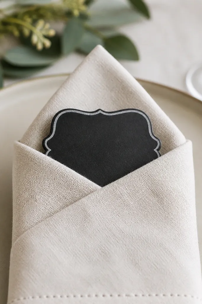 A black chalkboard-style label folded into a small pocket inside a folded napkin. The label sits visible at the front edge of the napkin.