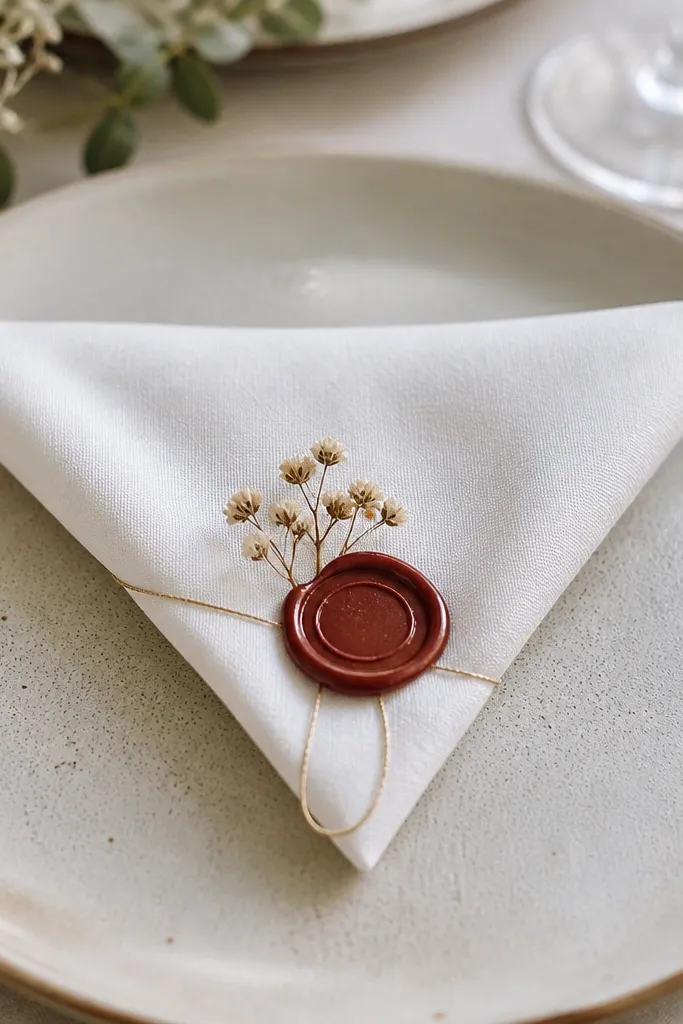 A white linen wedding napkin folded into a neat triangle with one corner tucked under. A small pressed wildflower sits under a glossy red-brown wax seal stamped with a simple circle pattern. The seal catches light, and a thin gold thread loop peeks out near the fold seam.
