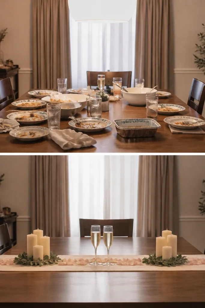 A split-style setup showing the same dining table. Before: cluttered table with mismatched plates and bright overhead light. After: a neatly cleared table with a long runner, two low clusters of ivory candles, soft rose petals in a thin line, and two champagne glasses centered.