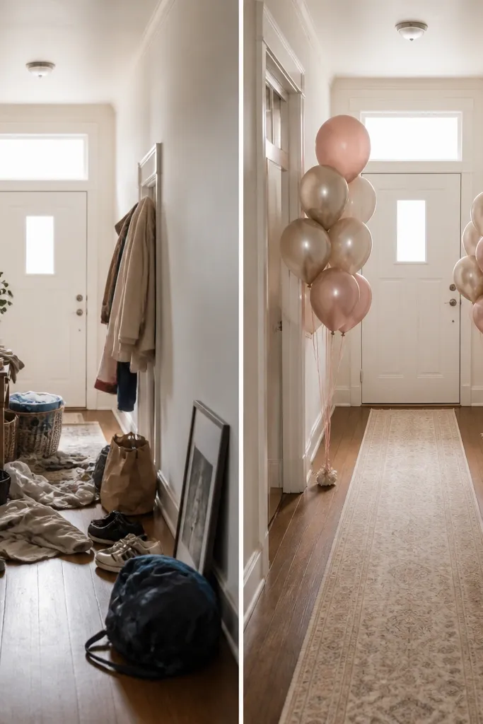 A hallway before-and-after. Before: hallway clutter and no clear path. After: a narrow runner down the center, two balloon clusters in muted blush and champagne near the doorway, and a small framed photo leaning against the wall.