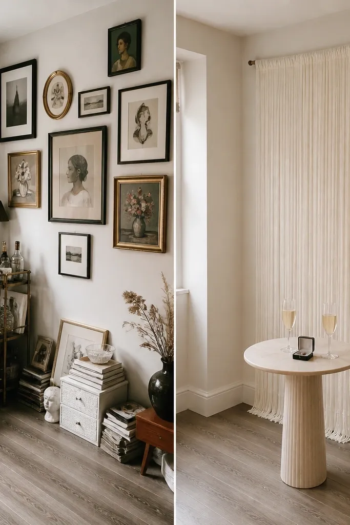 A room corner before-and-after. Before: random wall art and clutter. After: a plain wall used as backdrop, a fringe curtain in cream hung straight, and a small table with a ring box and two champagne glasses.