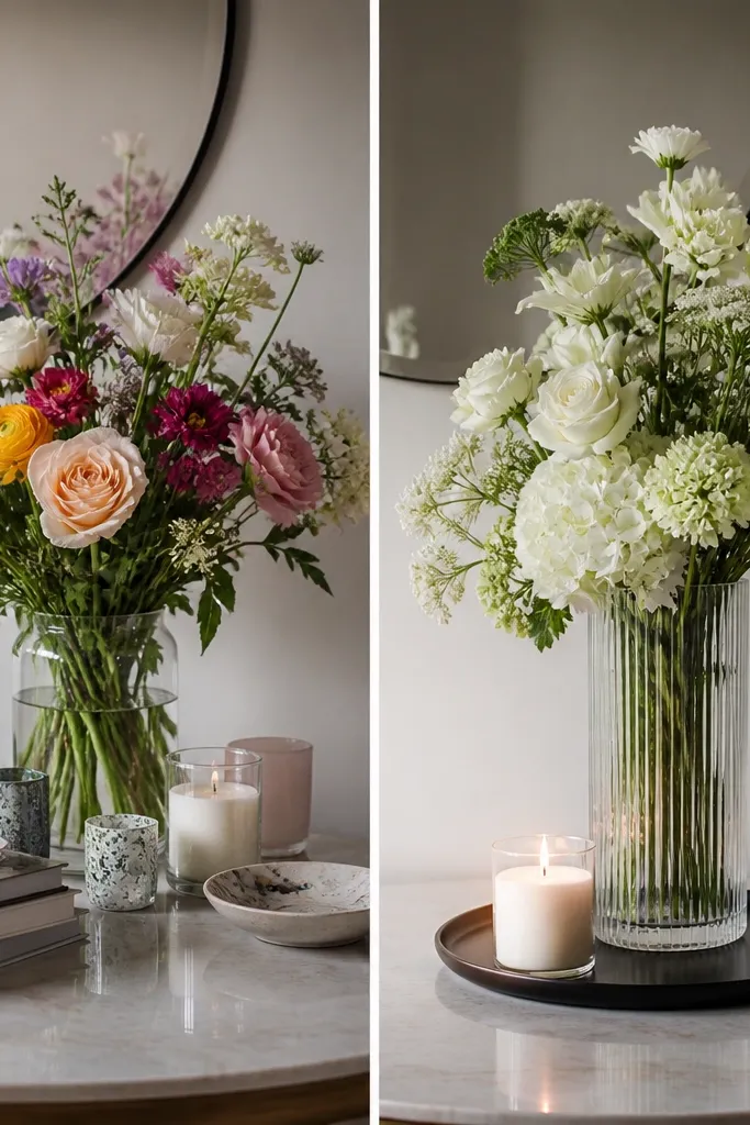 A tabletop before-and-after. Before: mixed-color flower bouquet and mismatched table items. After: a monochrome arrangement of white and pale green in a tall vase, a single black tray, and one lit candle.