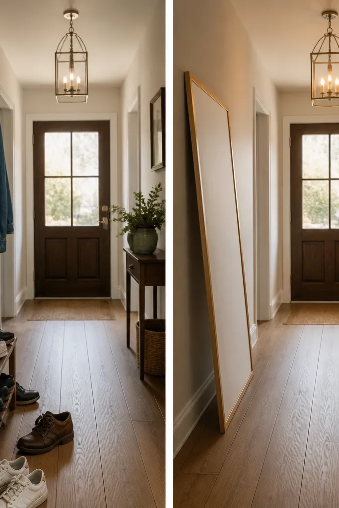Entryway before-and-after. Before: shoes and jackets near the camera. After: shoes moved out, a large empty frame leaning against the wall, a small bouquet on a console, and a warm lamp turned on.