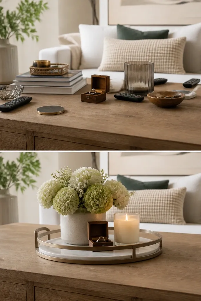 Coffee table before-and-after. Before: scattered remotes, coasters, and random décor. After: one layered tray with a statement candle, a small bouquet, and the ring box centered; remotes are gone.
