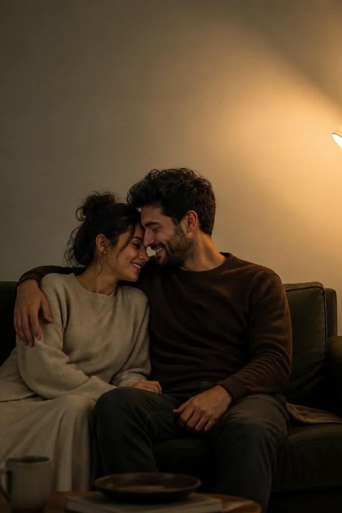 A floor lamp with a cream shade turned toward a wall; warm light spreads across the wall while a darker room keeps the couple centered.