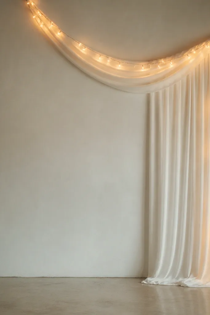 A plain wall with a floor-length white drape; a garland of warm fairy lights runs along the top curve and down one side.
