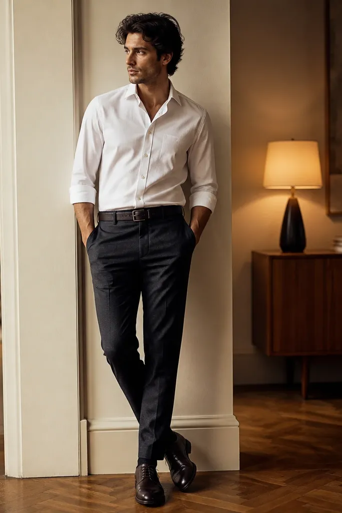 A person wears a crisp white button-down with sleeves rolled to mid-forearm, tucked into dark charcoal trousers. The look is paired with a belt and simple leather shoes; the background is softly lit with warm lamp light.