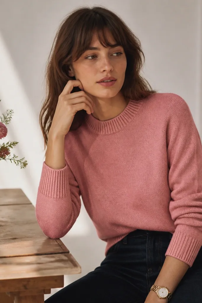 A person wears a rose pink knit sweater with a crew neck and ribbed cuffs, paired with dark straight-leg jeans. A gold watch sits on the wrist; the setting shows a softly lit table with a small bouquet.