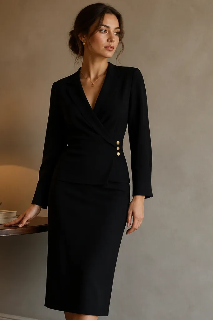 A black wrap blouse with a clean V-neck and small gold buttons is paired with a straight skirt that falls to mid-calf. The scene includes a warm table light and a neutral background wall.