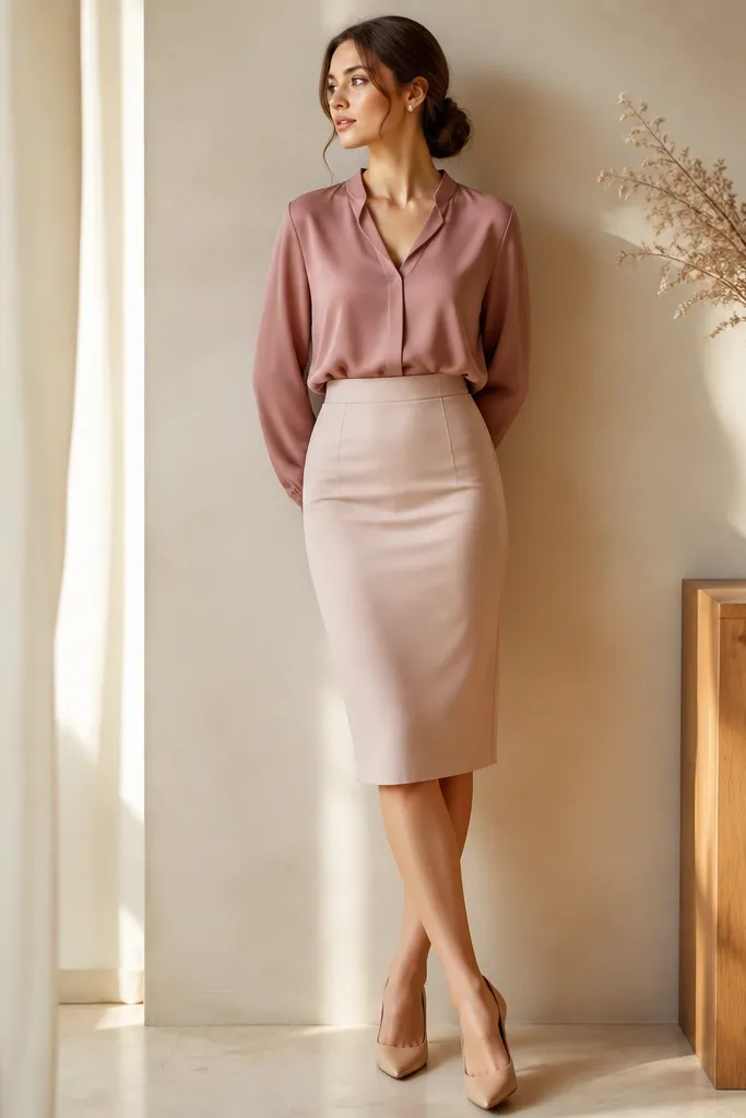 A rose-dust blouse is tucked into a high-waist pencil skirt with a smooth finish. The person wears nude heels and small earrings; warm light makes the fabric look soft.