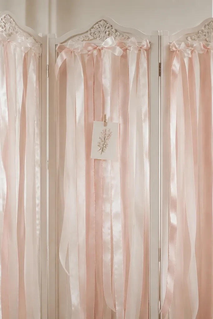 A folding screen covered with layered satin ribbons in blush and white, hanging in vertical lines, with a small "bride-to-be" card clipped to the center ribbon. Soft lighting makes the ribbon glow.