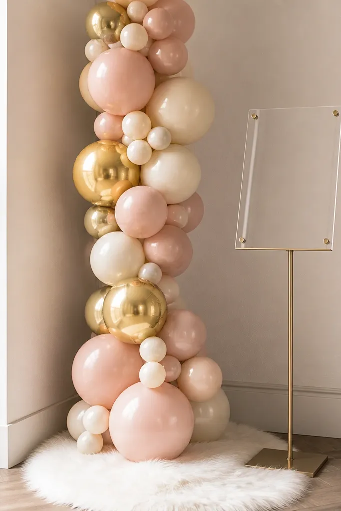A small corner with a single balloon column in blush, cream, and gold foil, plus an acrylic photo frame sign on a stand. The base has a white faux fur rug.