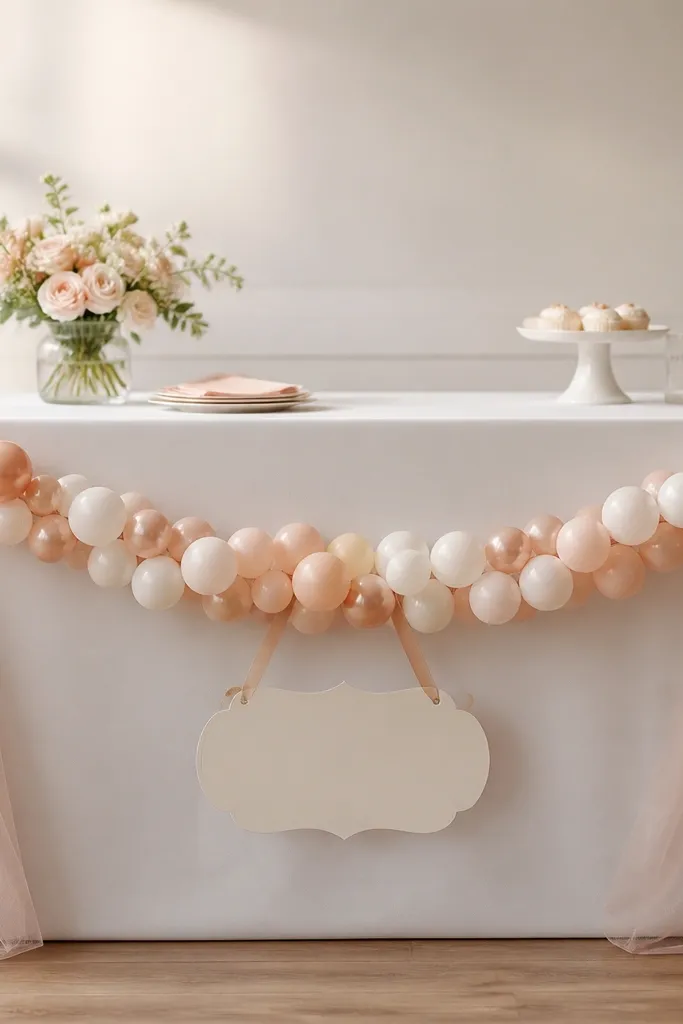 A garland hanging across the front of a table made of small balloons and a strip of blush tulle, with a simple "bride-to-be" sign hanging from the center. Table has minimal items.
