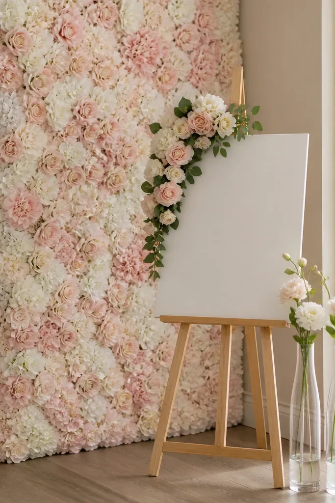 A corner setup with a faux flower wall panel in blush and cream, a "welcome bride-to-be" sign mounted on a small easel, and two tall bud vases at the base.