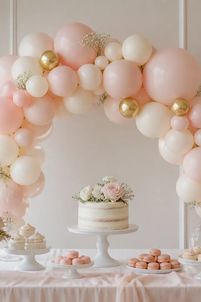 A small balloon arch above a dessert table, made with blush and cream balloons and a few gold accents, with a cake on a white stand in the center beneath the arch.