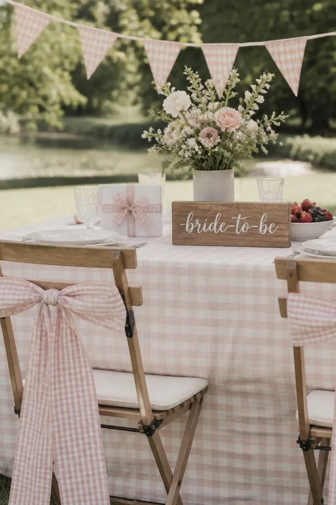 A picnic-style setup with a cream-and-blush gingham tablecloth, small gingham bunting flags, and simple bows tied to chair backs. A "bride-to-be" sign sits on a wooden block.