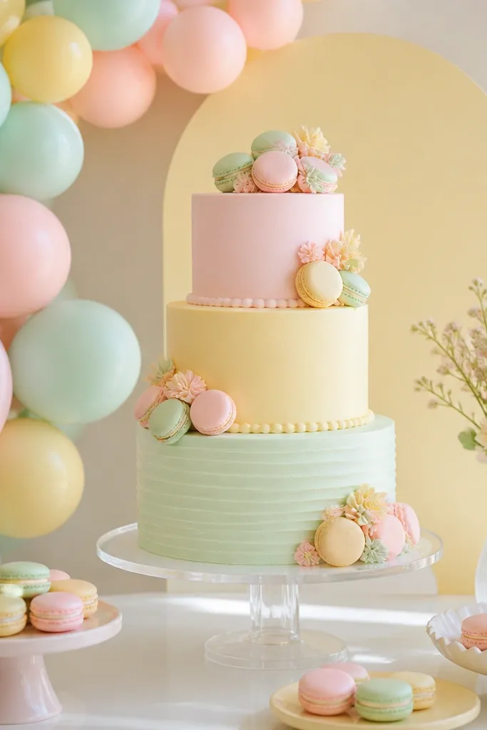 A pastel macaron-style setup with balloons in mint, pale pink, and butter yellow, a clear acrylic cake stand holding a tiered cake, and a small sign in the background.