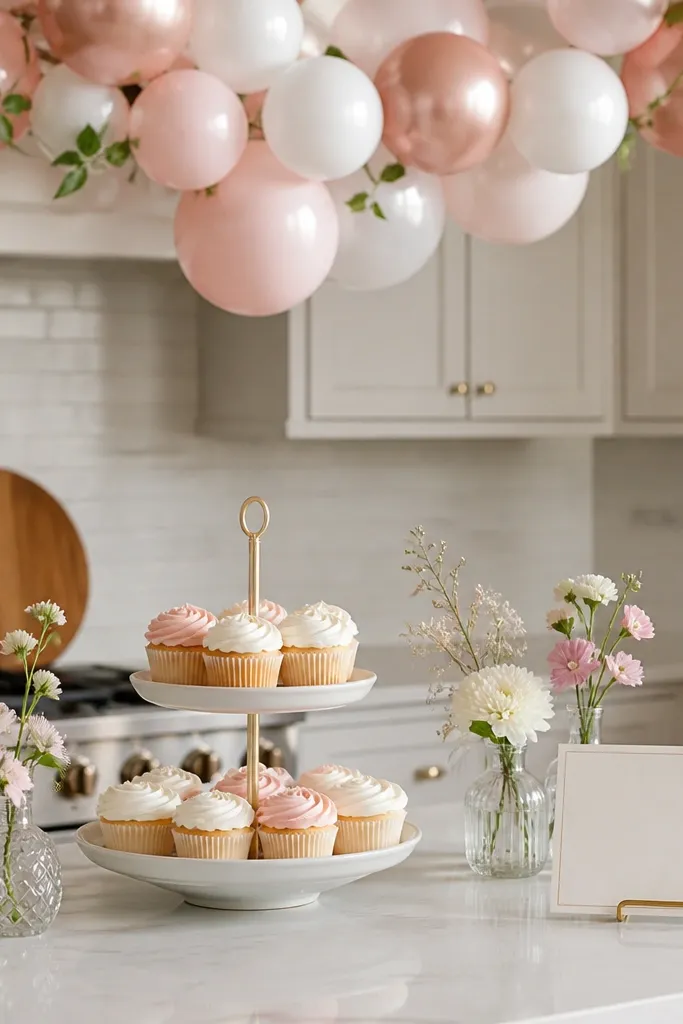 A kitchen counter styled with a tiered cupcake stand, small bud vases, and a "bride-to-be" placard. A short balloon garland hangs above the counter.