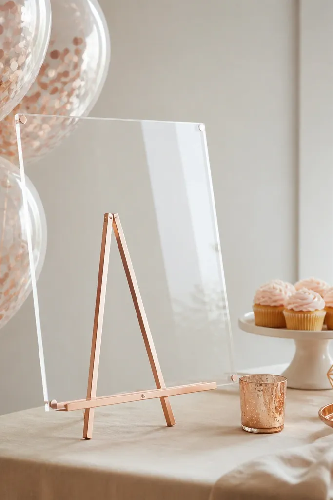 A clear acrylic sign on a small easel near a dessert table, with rose gold confetti balloons clustered to the side. The table has a cream cloth and a few rose gold accents.