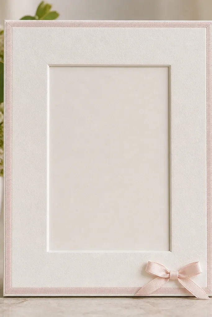 A white pearl-finish 5x7 frame with a soft chalky texture. Thin satin ribbon runs along the outer edge in a pale blush stripe, and a small bow sits at the bottom right. The card opening is centered and the card looks flush against a matte backing.