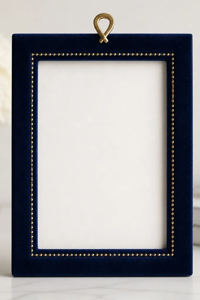 A deep navy velvet 6x8 frame. Along the inner border there are tiny gold nail-head dots in a neat rectangle. A small gold ribbon loop sits at the top center, and the card opening is clean and flat.