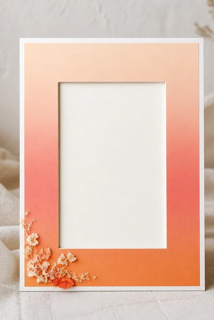 A 5x7 frame with an ombre gradient from peach to coral to warm orange across the front. The edges have a thin white border strip, and the card opening is centered with a matte backing. Tiny dried flower fragments are tucked near the bottom left.