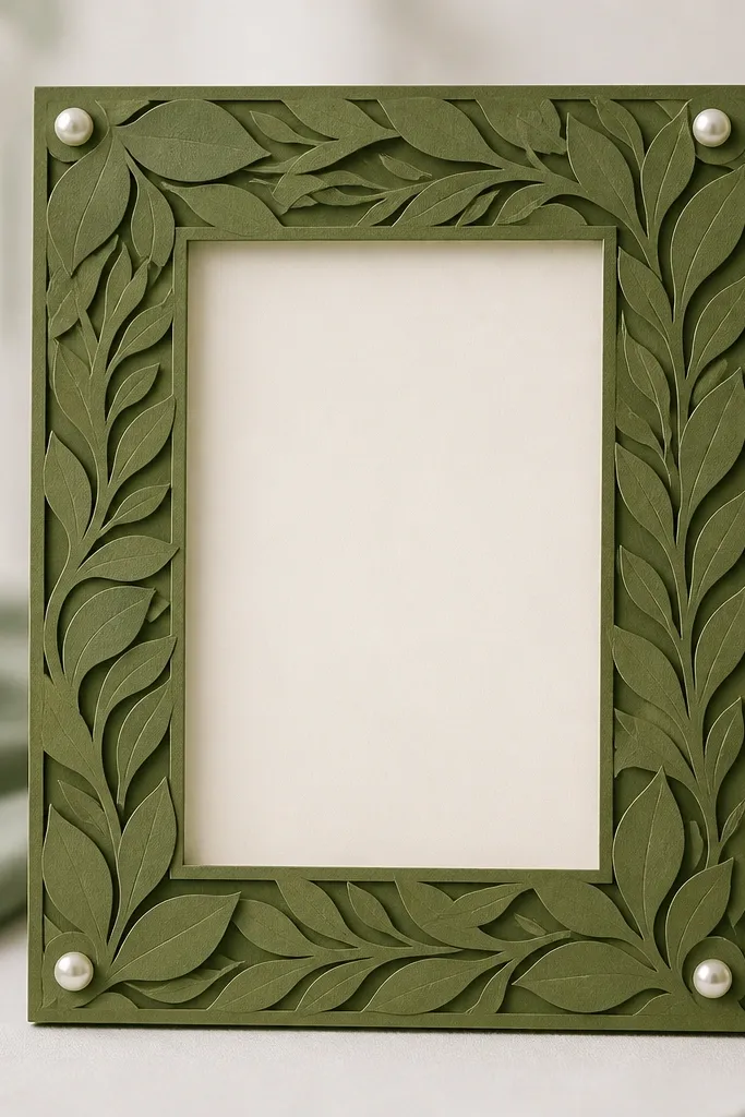 A 6x8 frame with layered moss green paper cutouts. Leaf-shaped layers form a border around the card opening, and the inner mat is creamy white. Small pearl dots sit at the corners.