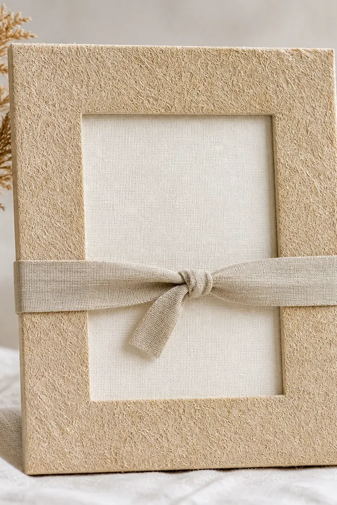 A beige 6x8 frame covered in straw-like paper texture. A linen ribbon tie wraps around the center and is tied in a small knot. The card opening is cream-colored with a subtle woven background.