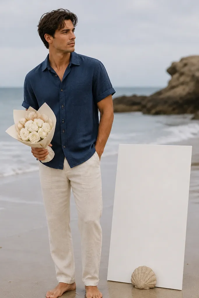 A man in a light navy linen short-sleeve button-up and cream chinos stands on wet sand. In his hand is a small bouquet wrapped in matte ivory paper with a few pale peach shells tucked in. A simple white sign is weighted with a seashell-shaped stone at the bottom.