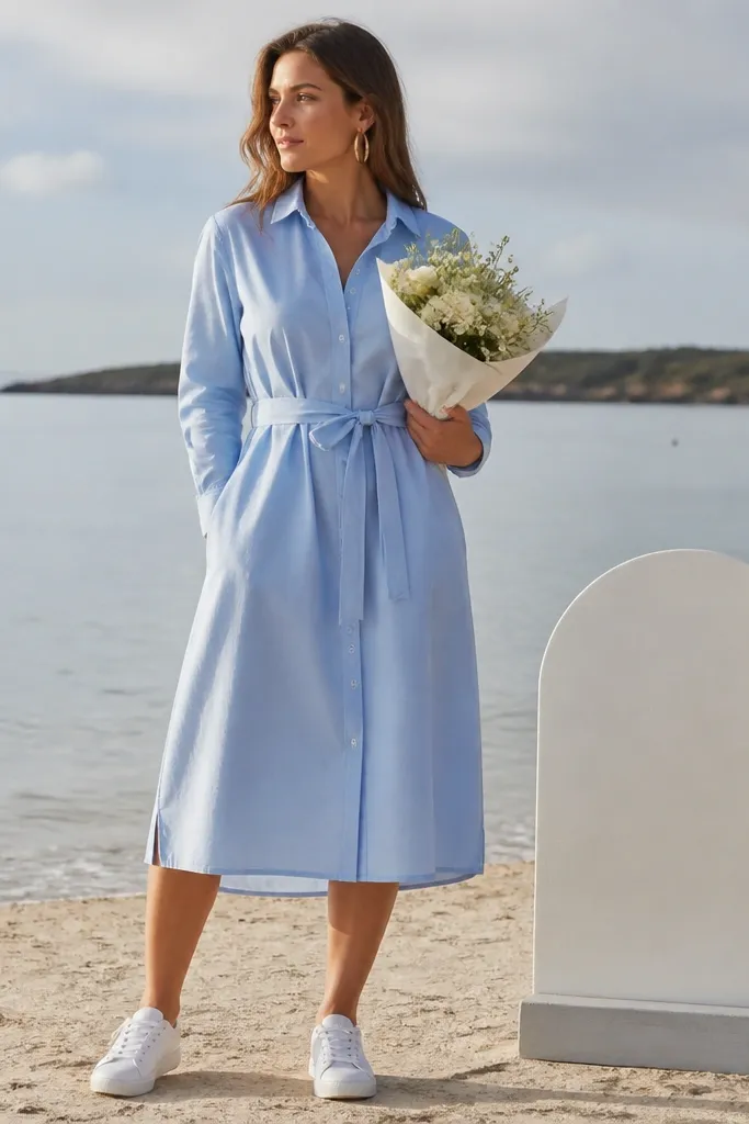 A woman wears a light blue poplin shirt dress cinched with a belt. She stands in white sneakers on sand, holding a small bouquet wrapped in white paper. Gold hoop earrings catch the light, and a weighted sign sits at her side.