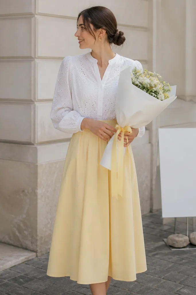 A woman wears a white eyelet blouse tucked into a butter-yellow midi skirt. She holds a bouquet wrapped in white paper tied with a lemon-yellow ribbon. A small sign is weighted with stones and placed slightly behind her.