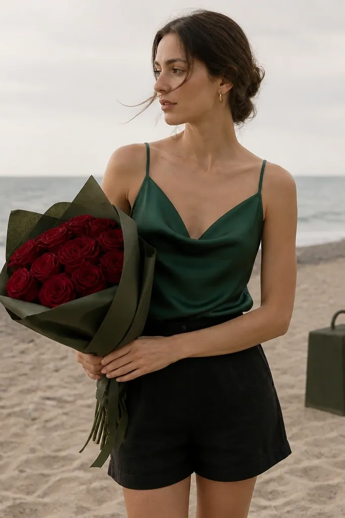 A woman wears a deep green satin camisole with spaghetti straps and black linen shorts. She holds a bouquet of deep red roses wrapped in dark green paper. A weighted sign sits on the sand behind her with clean lettering.