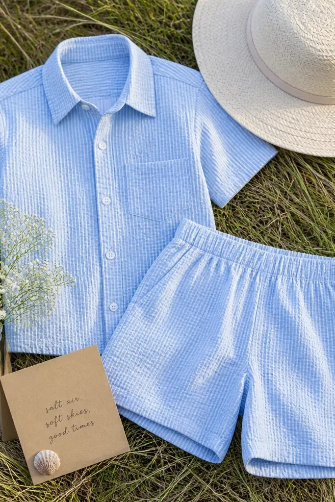 A sky-blue seersucker two-piece outfit laid out on beach grass: a short-sleeve button-up with a slightly crisper collar and matching shorts, worn with a wide white straw hat. A small bouquet of white baby's breath sits in a clear glass jar. On a folded kraft card is a tiny seashell glued to one corner, with a short message written in dark ink.
