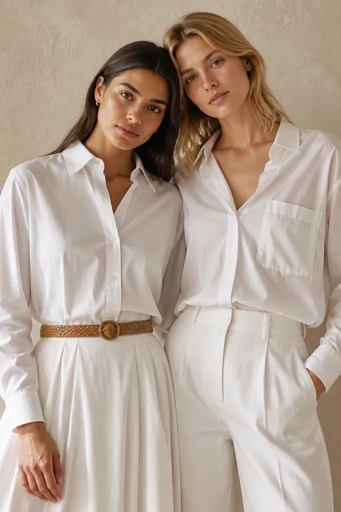 Both people wear white outfits. One has a white poplin shirt with sleeves buttoned and a white high-waist skirt. The other wears a white button-down with white trousers. A tan woven belt is visible at the waist on the person in the skirt. The background is a neutral beige wall, and the clothing texture shows clearly.