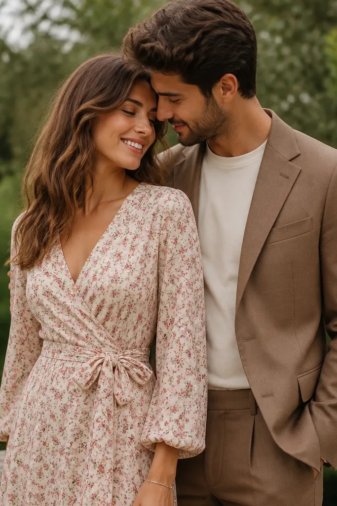The couple stands outdoors near greenery. One person wears a wrap floral dress with a defined waist tie. The other person wears a solid tailored blazer over a neutral shirt. The wrap dress has small flowers and a soft V neckline. The blazer sleeves are smooth and the outfit looks styled, not casual.