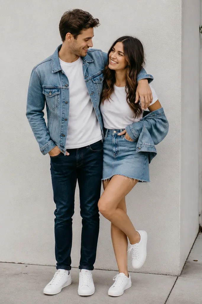 The couple is photographed on a sidewalk or driveway in daylight. One person wears a light wash denim jacket over a white t-shirt and dark jeans. The partner wears a denim skirt with a white tee and a denim jacket sleeve visible. Clean white sneakers are clearly visible. The background is simple and the denim texture is sharp.