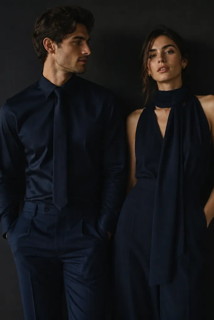Both people wear coordinated midnight blue. One has a tailored midnight blue button-down and trousers, with a matching tie. The partner wears a midnight blue dress or jumpsuit with a matching scarf tied at the neck. They stand against a dark wall, and the blue looks almost black with clear depth.